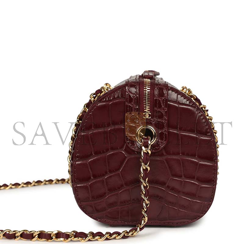 CHANEL MINI TIMELESS CLASSIC BARREL BAG WITH CHAIN DARK BURGUNDY CROCO EMBOSSED CALFSKIN GOLD HARDWARE AS5390 (18*13*10cm)